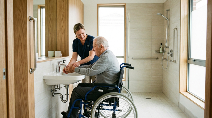 Ein älterer Herr wird von einer einfühlsamen Pflegekraft in einem modernen Badezimmer beim Händewaschen unterstützt. Das Badezimmer ist barrierefrei und hell erleuchtet. Respektvoller Umgang, natürliche Beleuchtung, fotorealistisch.