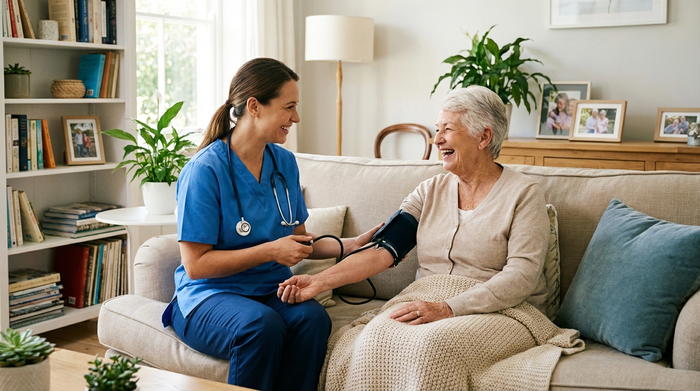 Eine professionelle Pflegekraft misst den Blutdruck einer lächelnden Seniorin auf dem Sofa. Die Pflegekraft trägt ein Stethoskop um den Hals. Gemütliches, ordentliches Wohnzimmer, helle und freundliche Stimmung.