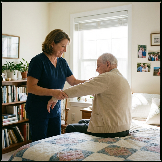 Eine einfühlsame Pflegekraft hilft einem älteren Herrn behutsam beim Anziehen einer hellen Strickjacke in einem gemütlichen, aufgeräumten Schlafzimmer. Realistische Szene, helles Licht.
