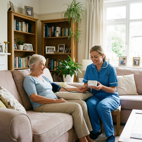 Eine examinierte Krankenschwester misst den Blutdruck einer entspannten Seniorin auf einem bequemen Sofa in einem freundlichen Wohnzimmer.