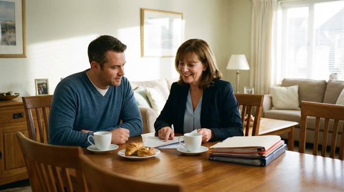 Ein erwachsener Sohn und eine erfahrene Pflegedienstleiterin sitzen bei einer Tasse Kaffee am Esstisch und besprechen entspannt Dokumente. Freundliche, professionelle Beratungssituation.