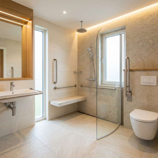 Ein helles, modern umgebautes, barrierefreies Badezimmer mit einer geräumigen, bodengleichen Dusche, eleganten Fliesen und stabilen Haltegriffen an den Wänden.