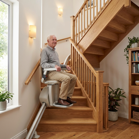 Ein älterer Herr fährt sicher und bequem mit einem modernen Treppenlift eine gut beleuchtete, gepflegte Holztreppe hinauf. Er lächelt entspannt.