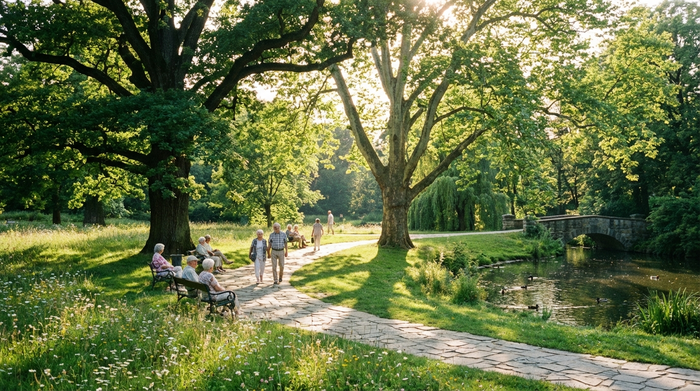 Ein Blick auf eine grüne Parkanlage an einem sonnigen Tag. Ältere Menschen spazieren entspannt auf gepflasterten Wegen unter großen, alten Bäumen. Friedliche, städtische Naturidylle, hochauflösend, keine Schriftzüge.