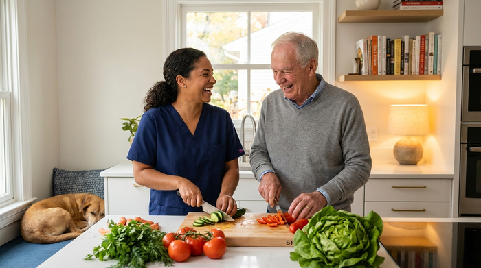 Eine herzliche Betreuungskraft hilft einem älteren Herrn beim Kochen in einer sauberen, modernen Küche. Beide lachen und schneiden frisches Gemüse. Warme Beleuchtung, familiäre und unterstützende Stimmung.
