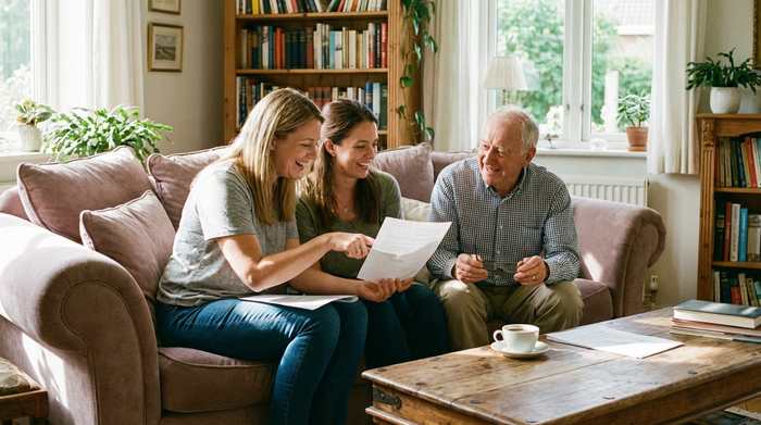 Zwei erwachsene Töchter sitzen mit ihrem alten Vater auf einem gemütlichen Sofa und besprechen entspannt Dokumente. Eine Tasse Kaffee steht auf dem Couchtisch. Entspannte, familiäre Planungsatmosphäre.