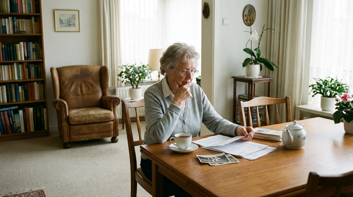 Eine ältere Dame sitzt am Esstisch und betrachtet nachdenklich einige Dokumente. Eine Tasse Tee steht daneben. Realistische, alltägliche Szene in einem ordentlichen Wohnzimmer, weiches Tageslicht.