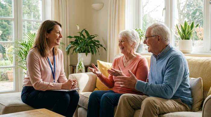 Eine professionelle Pflegeberaterin sitzt mit einem Seniorenpaar auf einem Sofa. Sie unterhalten sich angeregt. Freundliche, vertrauensvolle Stimmung, helle Umgebung ohne sichtbaren Text.