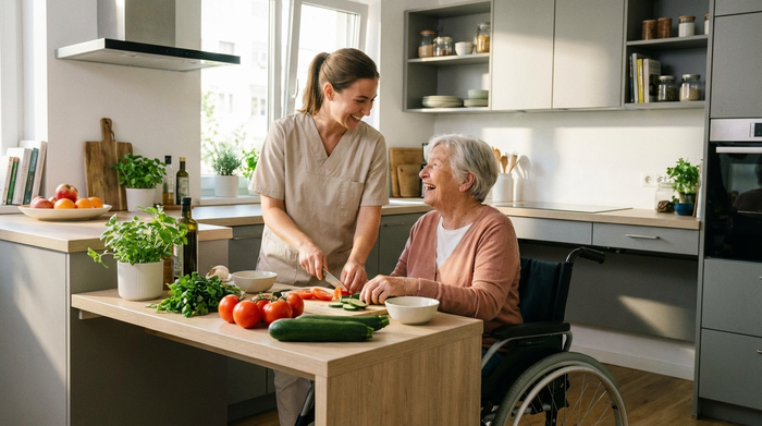 Eine freundliche Betreuungskraft kocht gemeinsam mit einer Seniorin in einer modernen, barrierefreien Küche. Frisches Gemüse liegt auf der Arbeitsplatte, fröhliche und aktive Stimmung.