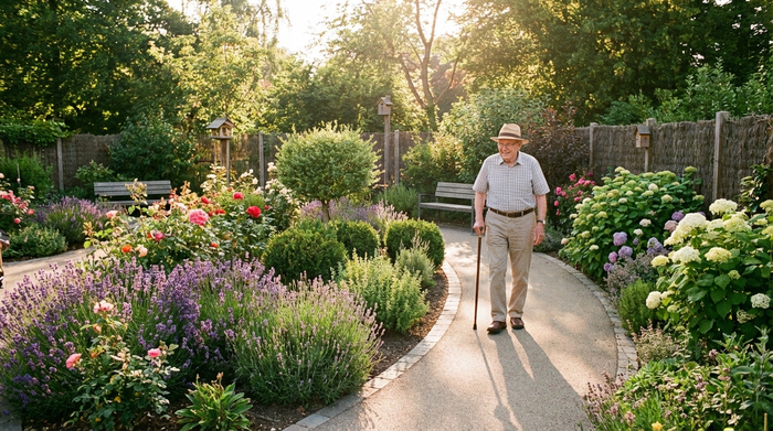 Ein sicherer, blühender Demenzgarten an einem sonnigen Nachmittag. Ein älterer Herr spaziert entspannt auf einem geschwungenen, barrierefreien Weg zwischen bunten Blumenbeeten und kleinen Sträuchern. Realistische, friedliche Naturkulisse, ohne Text.