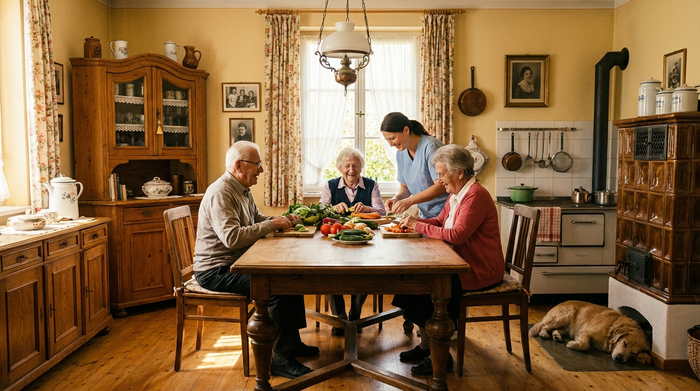 Eine gemütliche, nostalgisch eingerichtete Wohnküche in einer Pflegeeinrichtung. Senioren sitzen gemeinsam an einem großen Holztisch und bereiten mit einer Betreuerin frisches Gemüse vor. Warme Farben, traditionelle Einrichtung, fröhliche und familiäre Stimmung, ohne Text.