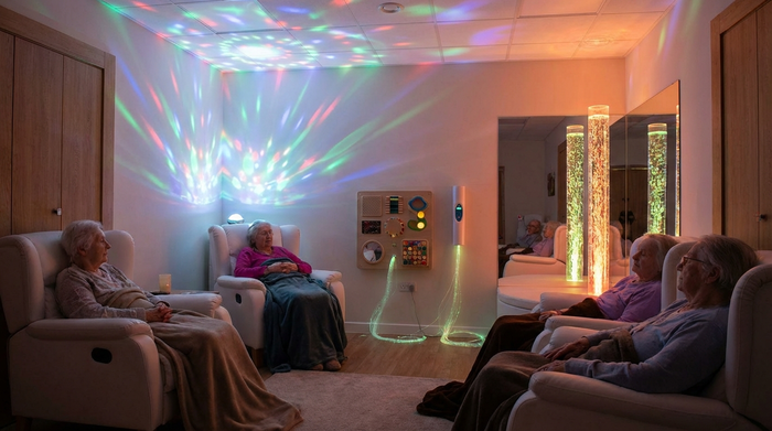 Ein entspannender Snoezelen-Raum mit gedimmtem Licht. Bequeme weiße Sessel, sanfte Lichtspiele an der Decke und beruhigende Wassersäulen mit aufsteigenden Blasen. Friedliche, therapeutische Umgebung für Senioren, ohne Text.