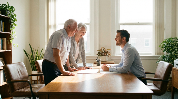 Ein älteres Ehepaar sitzt gemeinsam mit einem freundlichen Berater in einem hellen Büro. Sie betrachten konzentriert, aber entspannt einige Unterlagen auf dem Tisch. Professionelle, vertrauensvolle Beratungssituation, ohne Text.