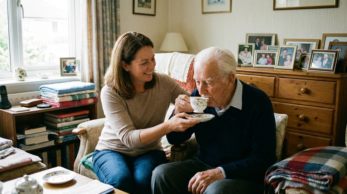 Eine freundliche Pflegekraft unterstützt einen älteren Mann liebevoll in seinem eigenen, gemütlichen Wohnzimmer beim Teetrinken. Im Hintergrund sieht man persönliche Fotos auf einer Kommode. Authentische häusliche Pflegesituation, ohne Text.