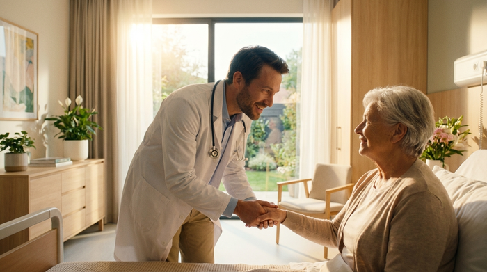 Ein freundlicher männlicher Arzt in weißem Kittel spricht beruhigend mit einer älteren Patientin in einem hellen, modernen Krankenhauszimmer. Sanftes Sonnenlicht fällt durch das Fenster.