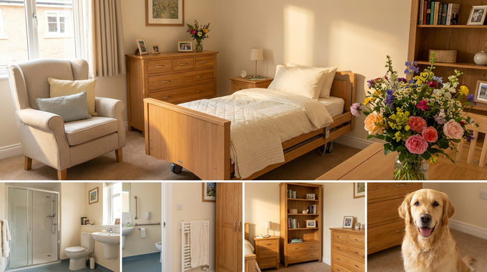 Ein gemütliches, barrierefreies Pflegezimmer mit einem bequemen hellen Sessel, einem frisch bezogenen Pflegebett und warmen Holzmöbeln. Ein großer bunter Blumenstrauß steht auf dem Tisch.