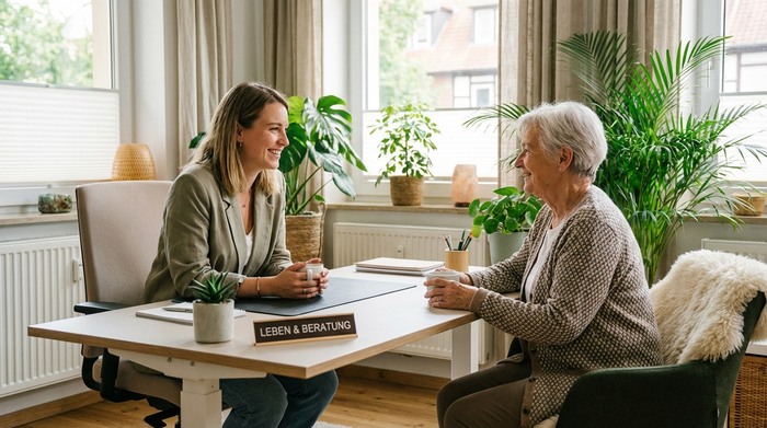 Eine sympathische Beraterin sitzt an einem aufgeräumten Schreibtisch und lächelt freundlich einer älteren Dame gegenüber. Helles Büro mit grünen Pflanzen, entspannte und vertrauensvolle Gesprächsatmosphäre.