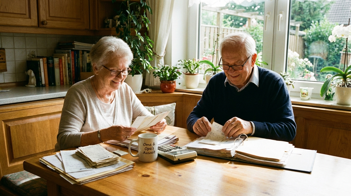 Ein älteres Ehepaar sitzt am Küchentisch und sortiert fokussiert Papiere. Eine Kaffeetasse und ein Taschenrechner liegen bereit. Entspannte Stimmung bei hellem Tageslicht.