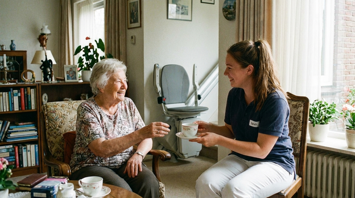 Eine liebevolle Pflegekraft reicht einer lächelnden Seniorin in ihrem eigenen gemütlichen Wohnzimmer eine Tasse Tee. Im Hintergrund ist ein moderner, unauffälliger Treppenlift an der Wand erkennbar.