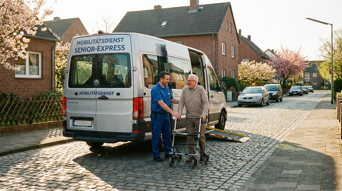 Ein spezialisierter Kleinbus mit geöffneter Rampe steht in einer ruhigen, sonnigen Wohnstraße. Ein freundlicher Fahrer hilft einem lächelnden Senior mit Rollator beim sicheren Einstieg in das Fahrzeug.