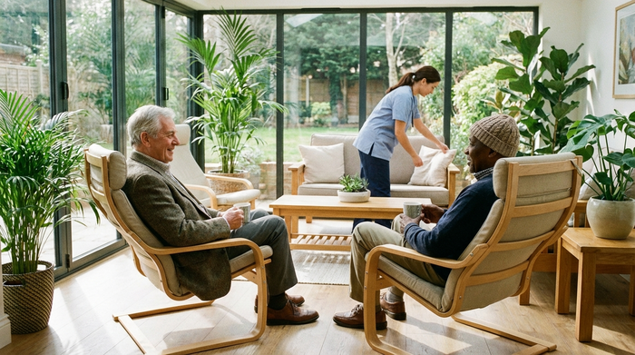 Zwei ältere Herren sitzen entspannt in bequemen, modernen Ruhesesseln in einem lichtdurchfluteten Ruheraum mit Pflanzen. Sie unterhalten sich ruhig, während im Hintergrund eine Pflegekraft ein Kissen richtet.