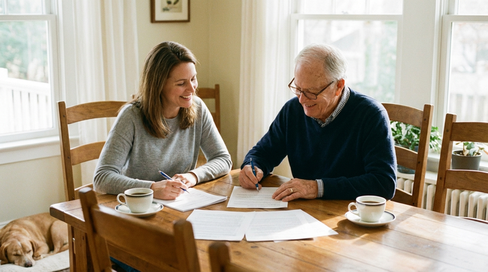 Eine erwachsene Tochter sitzt mit ihrem älteren Vater am Esstisch und bespricht entspannt Dokumente. Beide lächeln erleichtert, während sie bei einer Tasse Kaffee gemeinsam Papiere ausfüllen.