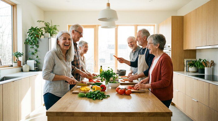 Eine kleine Gruppe von Senioren sitzt in einer hellen, modernen Küche zusammen und schneidet gemeinsam frisches Gemüse. Die Stimmung ist heiter, gemeinschaftlich und voller Lebensfreude.