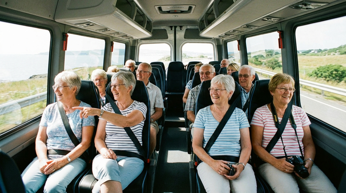 Eine fröhliche Gruppe von Senioren sitzt entspannt und angeschnallt in den bequemen Sitzen eines hellen Kleinbusses und blickt aus dem Fenster.
