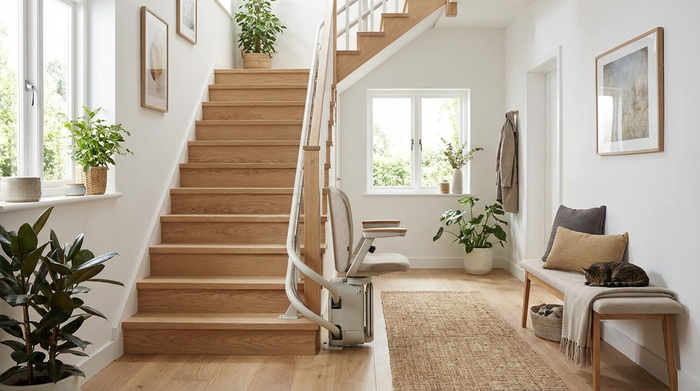 Ein moderner Treppenlift ist an einer hellen Holztreppe in einem gemütlichen, aufgeräumten Flur installiert.