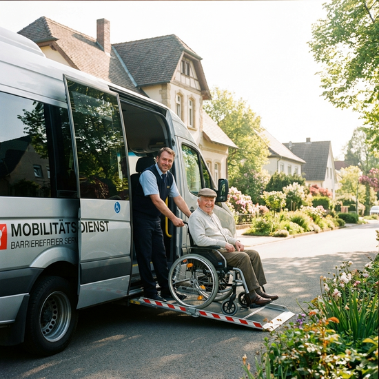 Ein freundlicher Fahrer hilft einem lächelnden älteren Herrn beim Einsteigen in einen modernen, rollstuhlgerechten Kleinbus vor einem Wohnhaus in einer gepflegten Nachbarschaft an einem sonnigen Morgen.