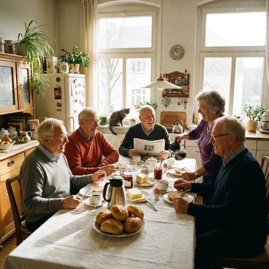 Senioren sitzen gemütlich bei Kaffee und frischen Brötchen an einem gedeckten Frühstückstisch in einer lichtdurchfluteten Wohnküche und unterhalten sich angeregt.
