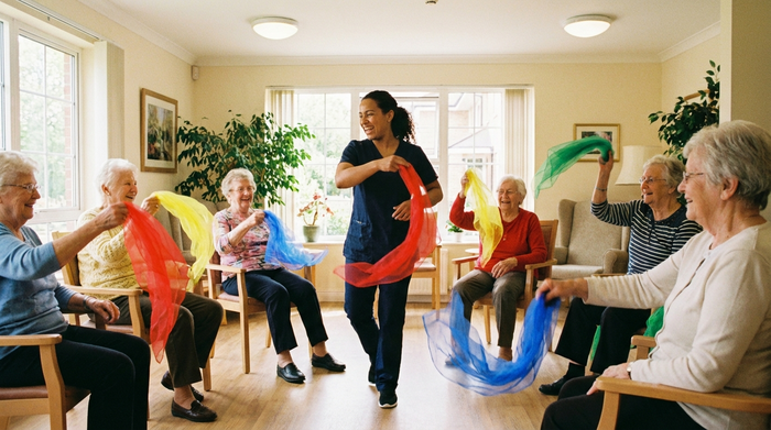 Eine Gruppe von Senioren macht leichte Sitzgymnastik mit bunten Tüchern in einem hellen Raum, angeleitet von einer engagierten Pflegekraft, alle wirken konzentriert und fröhlich.