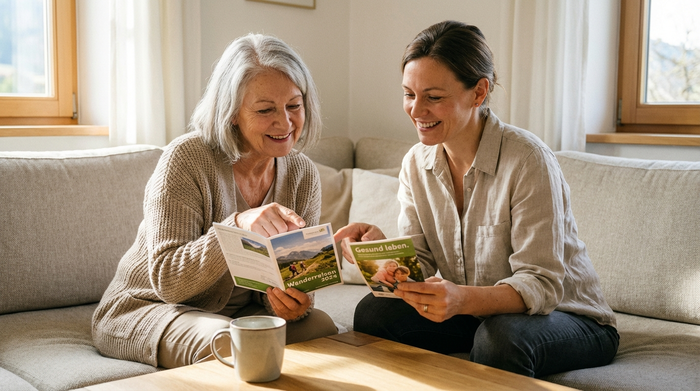 Eine ältere Dame und ihre Tochter sitzen entspannt auf einem Sofa und schauen sich gemeinsam lächelnd Informationsbroschüren an, eine Kaffeetasse steht auf dem Tisch.