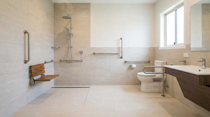 Ein modern umgebautes, barrierefreies Badezimmer für Senioren mit einer geräumigen, ebenerdigen Dusche, Haltegriffen an den Wänden und einem rutschfesten Boden in hellen Fliesen.