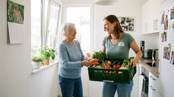 Eine freundliche, professionelle Alltagsbegleiterin hilft einer lächelnden Seniorin beim Einräumen von frischem Gemüse in einer hellen, sauberen Küche. Beide wirken vertraut und fröhlich.