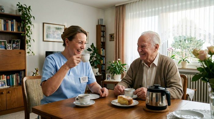 Eine zertifizierte Pflegekraft in gepflegter, heller Dienstkleidung sitzt mit einem älteren Herrn am Esstisch. Sie trinken gemeinsam Kaffee und unterhalten sich angeregt in einem gemütlichen, aufgeräumten Wohnzimmer.