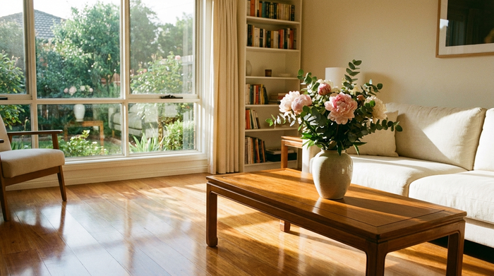 Eine ordentliche, blitzblank geputzte Wohnung mit glänzenden Holzböden und sauberen Fenstern, durch die warmes Sonnenlicht fällt. Auf dem Wohnzimmertisch steht eine frische Blumenvase.