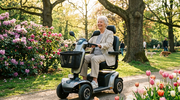 Eine rüstige Seniorin fährt mit einem modernen Elektromobil sicher und entspannt durch einen blühenden Park an einem sonnigen Nachmittag. Sie trägt bequeme Freizeitkleidung und lächelt zufrieden.