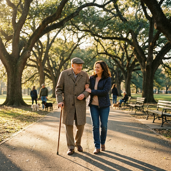 Eine fürsorgliche Pflegekraft hilft einem älteren Herrn beim Spaziergang in einem sonnigen Park mit großen Bäumen. Realistische Szene, klare Umgebung, harmonische Stimmung.