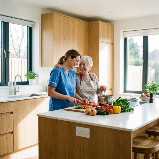 Eine Pflegerin und eine Seniorin kochen gemeinsam in einer modernen, sauberen Küche frisches Gemüse. Beide lachen, helle und freundliche Beleuchtung.
