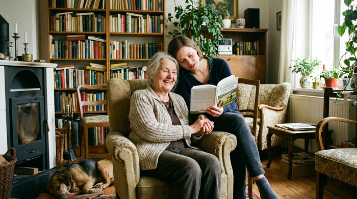 Eine ältere Frau sitzt bequem in einem Sessel, während eine jüngere Betreuerin ihr liebevoll aus einem Buch vorliest. Gemütliches Wohnzimmer mit Bücherregalen im Hintergrund.