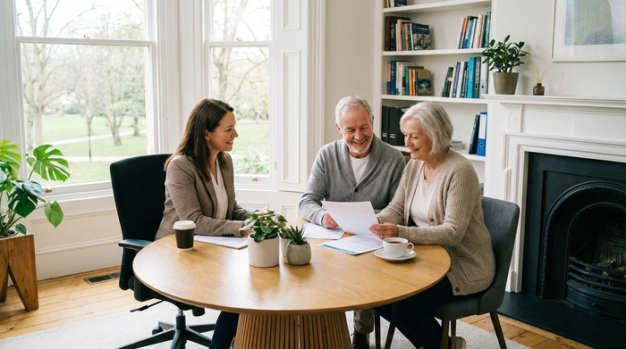 Ein älteres Ehepaar sitzt mit einer Beraterin an einem runden Tisch und bespricht entspannt Dokumente. Helles Büro, seriöse und vertrauensvolle Atmosphäre.