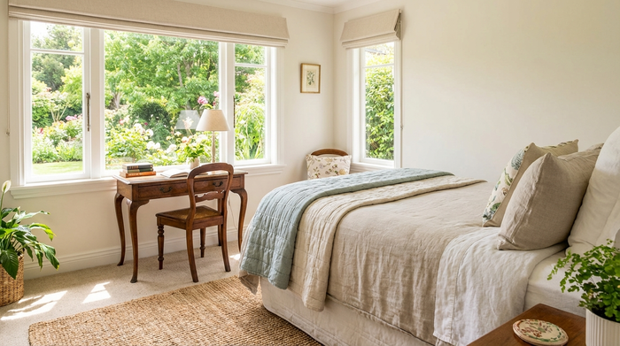 Ein gemütlich eingerichtetes, helles Gästezimmer mit einem bequemen Bett, einem kleinen Schreibtisch und einem Fenster mit Blick in einen grünen Garten. Einladend und sehr sauber.
