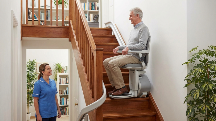 Ein moderner Treppenlift ist an einer Holztreppe in einem gepflegten Einfamilienhaus installiert. Ein älterer Herr fährt sicher und entspannt nach oben, während eine Pflegekraft unten lächelnd zuschaut.