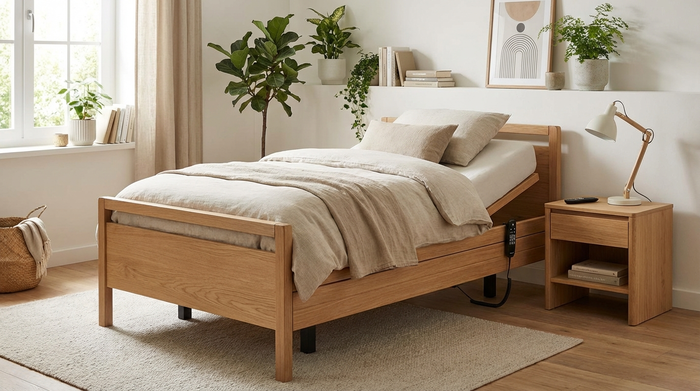 Ein modernes, elektrisch verstellbares Pflegebett in einem gemütlichen, sauberen Schlafzimmer. Hochwertige Holzoptik, ordentlich gemachtes Bettzeug, ein Nachttisch mit einer Leselampe daneben. Keine Personen im Bild, ruhige und wohnliche Stimmung.