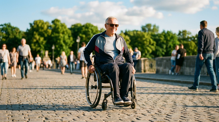 Ein rüstiger Senior in einem modernen Leichtgewicht-Rollstuhl fährt an einem sonnigen Tag über eine gepflasterte Promenade. Im Hintergrund sind leicht verschwommen grüne Bäume und ein blauer Himmel zu erkennen. Aktive und positive Ausstrahlung.