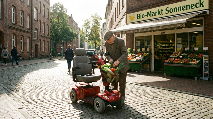 Ein rotes Elektromobil parkt sicher vor einem kleinen städtischen Supermarkt. Ein älterer Herr packt frisches Gemüse in den vorderen Korb des Scooters. Strahlender Sonnenschein, städtische, aber ruhige Umgebung.