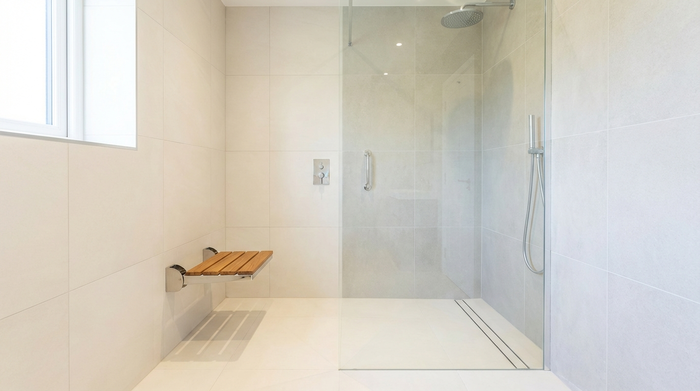 Ein helles, modern gefliestes Badezimmer mit einer komplett ebenerdigen, barrierefreien Dusche. Ein eleganter Duschklappsitz aus Holz und Edelstahl ist an der Wand montiert. Sauberes, sicheres und stilvolles Design ohne störende Kanten.
