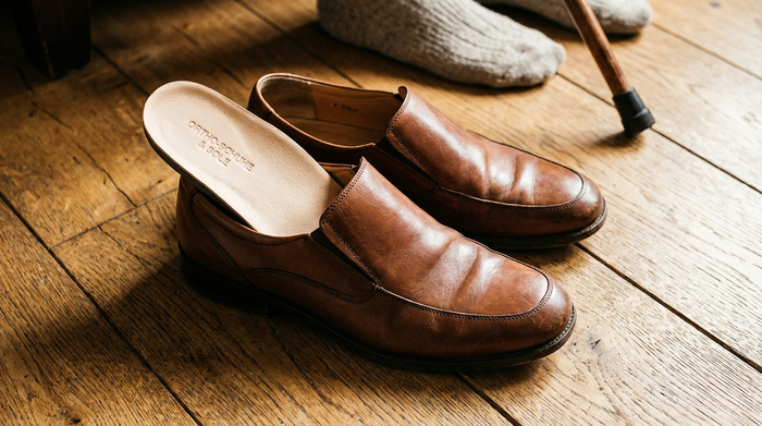 Nahaufnahme von bequemen, eleganten Halbschuhen, die auf einem warmen Holzboden stehen. Eine maßgefertigte orthopädische Einlage aus weichem, hellem Leder liegt teilweise im Schuh, bereit für den nächsten schmerzfreien Spaziergang.