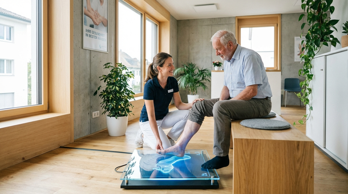 Ein heller, moderner Raum in einem Sanitätshaus. Eine freundliche Fachkraft kniet neben einem älteren Patienten und begutachtet liebevoll dessen Fuß auf einem hochmodernen, leuchtenden 3D-Scanner aus Glas. Die Atmosphäre ist professionell und vertrauensvoll.